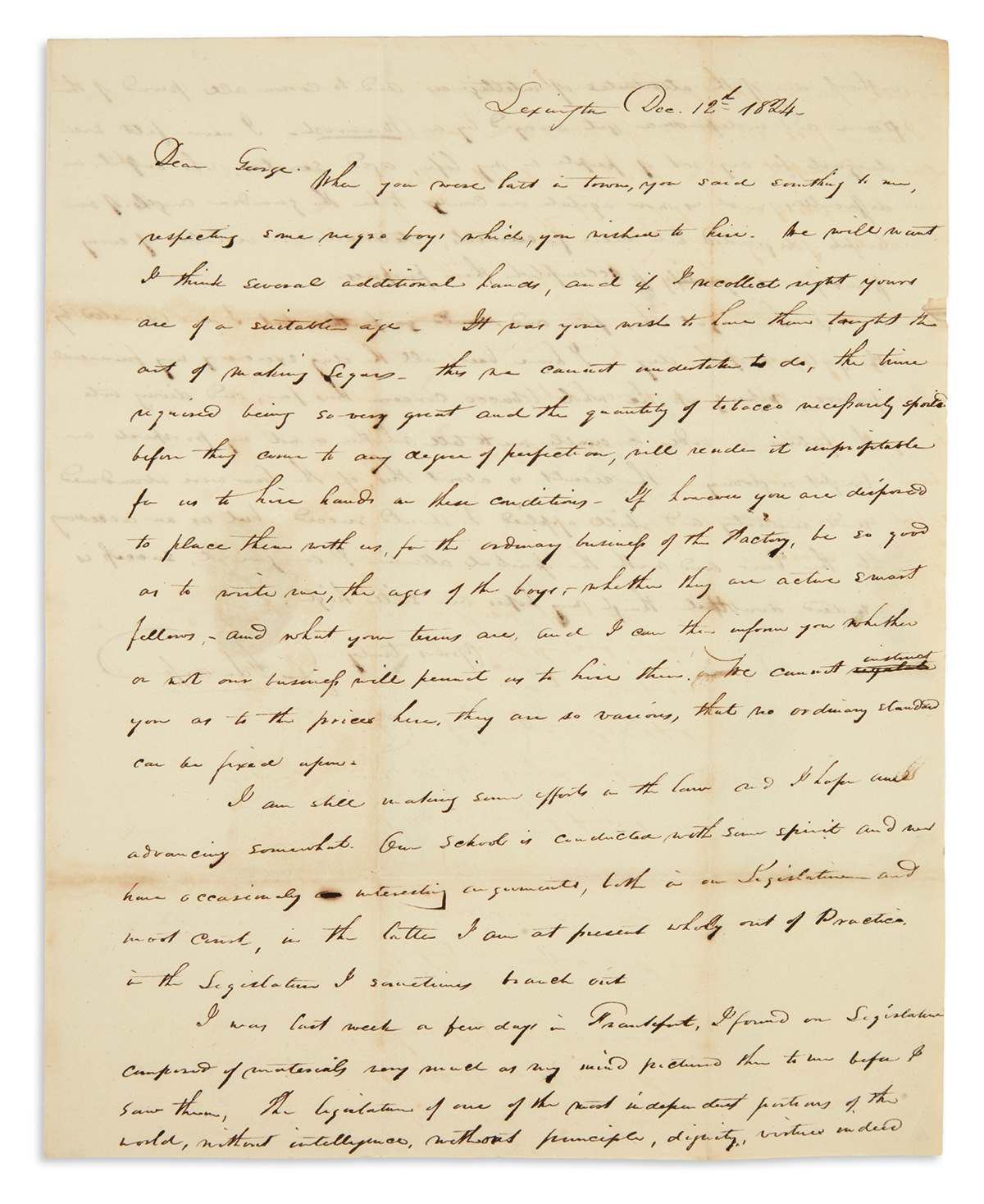 (SLAVERY AND ABOLITION.) Edwards, John. Letter discussing the hire and training of slaves to make cigars.